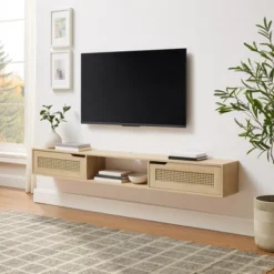 Saracina Living Deals Sales Store 16 Modern Boho Floating TV Stand For TVs Up To 80" With Rattan Doors Coastal Oak - Saracina Home